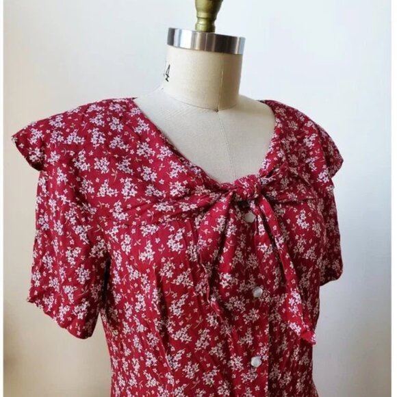 90's Kathie Lee Collection Cranberry Red Calico Floral Print Midi Dress 14 - Picture 1 of 4